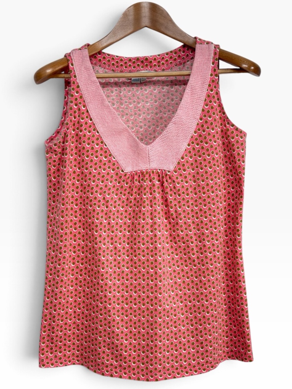 Boden Pink Brown Dot Sleeveless V Neck Embroidered Trim Tank Top US 4 UK 8